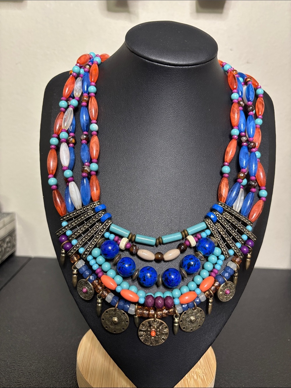 Bohemian Multicolor Statement Beaded Necklace - Turquoise, Blue & Coral Boho